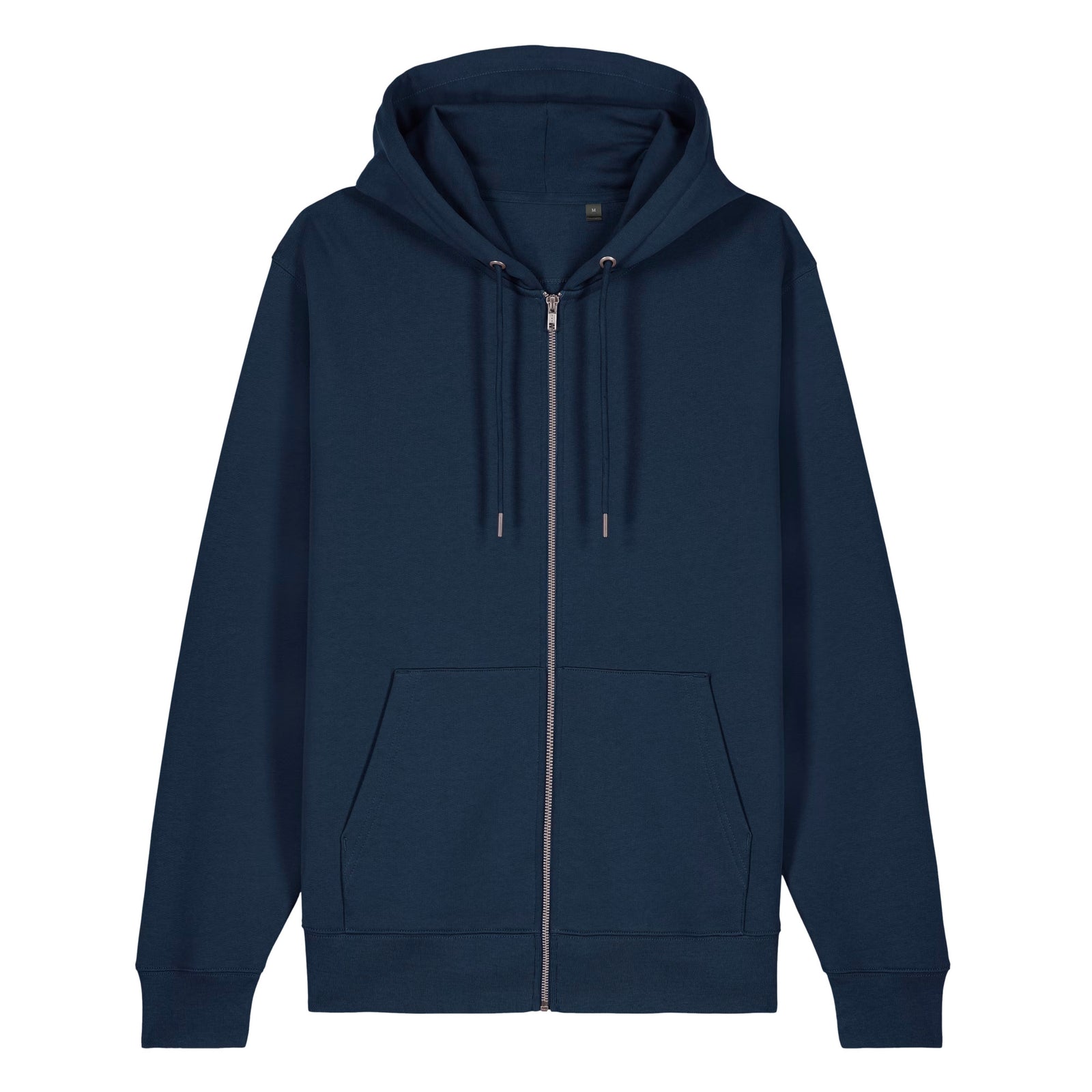 Front view of French Navy Virginia State Seal heavyweight zip-up hoodie showing the plain front, metal zipper, drawcords and pockets.