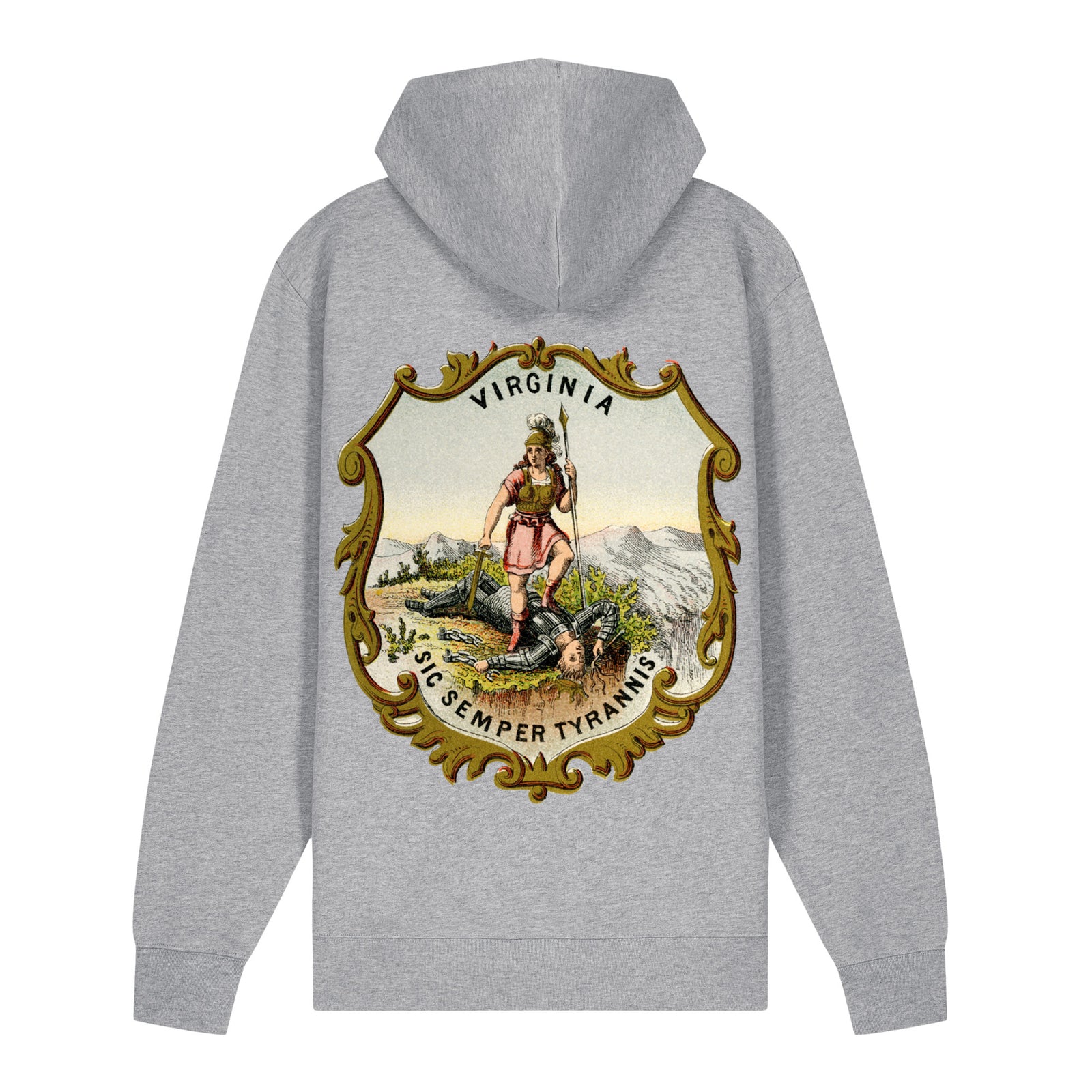Back view of Heather Grey Virginia State Seal heavyweight zip-up hoodie with vintage Virtus artwork, gold border and Sic Semper Tyrannis motto.