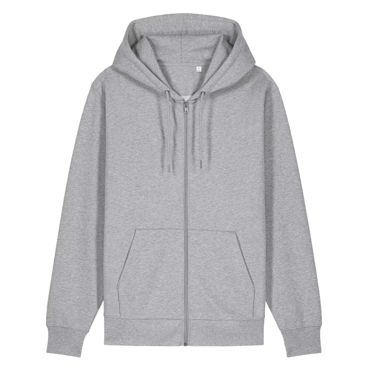 Front view of Heather Grey Virginia State Seal heavyweight zip-up hoodie showing the plain front, metal zipper, drawcords and pockets.