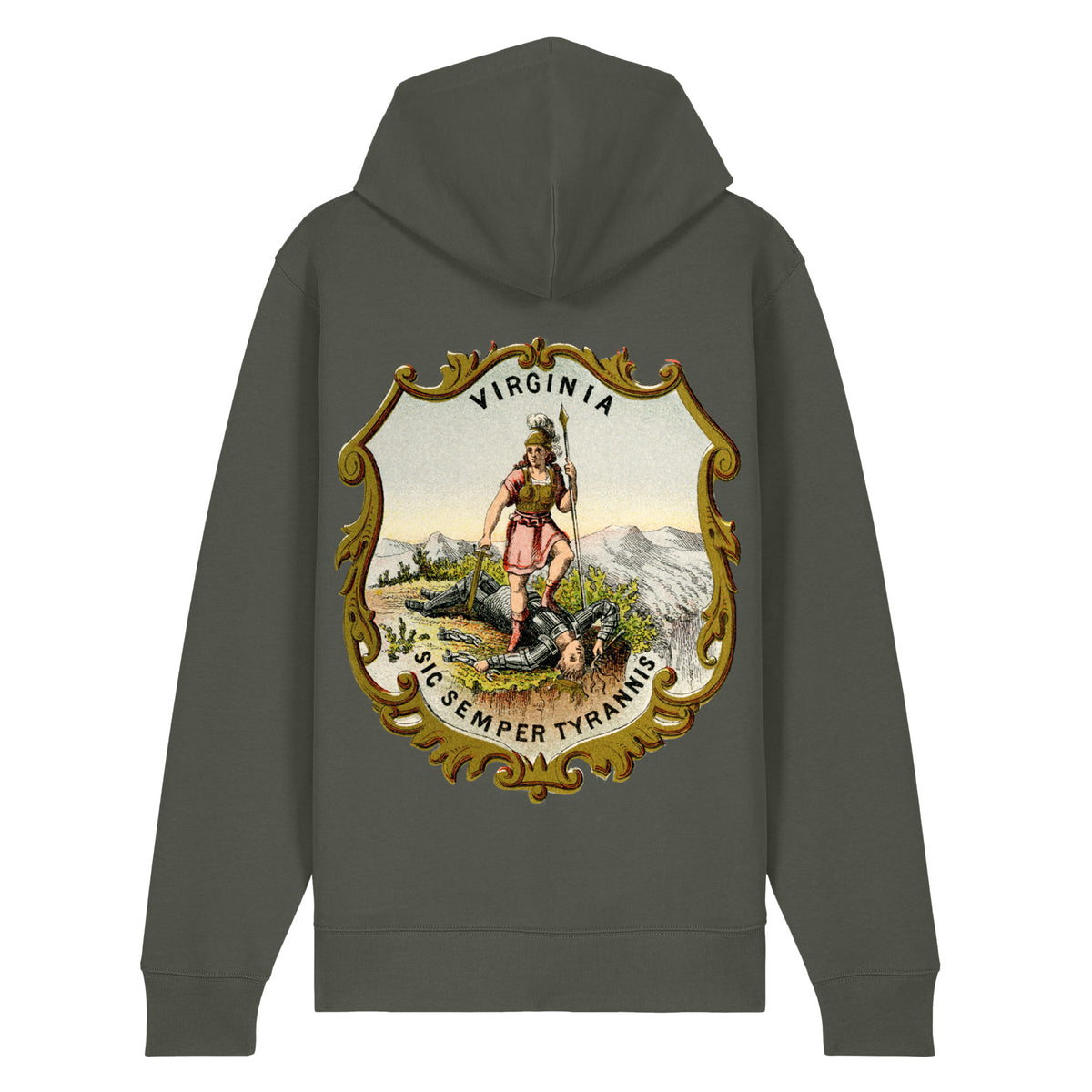 Back view of Khaki Green Virginia State Seal heavyweight zip-up hoodie with vintage Virtus artwork, gold border and Sic Semper Tyrannis motto.