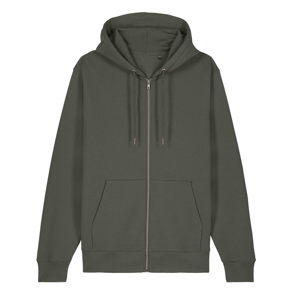 Front view of Khaki Green Virginia State Seal heavyweight zip-up hoodie showing the plain front, metal zipper, drawcords and pockets.