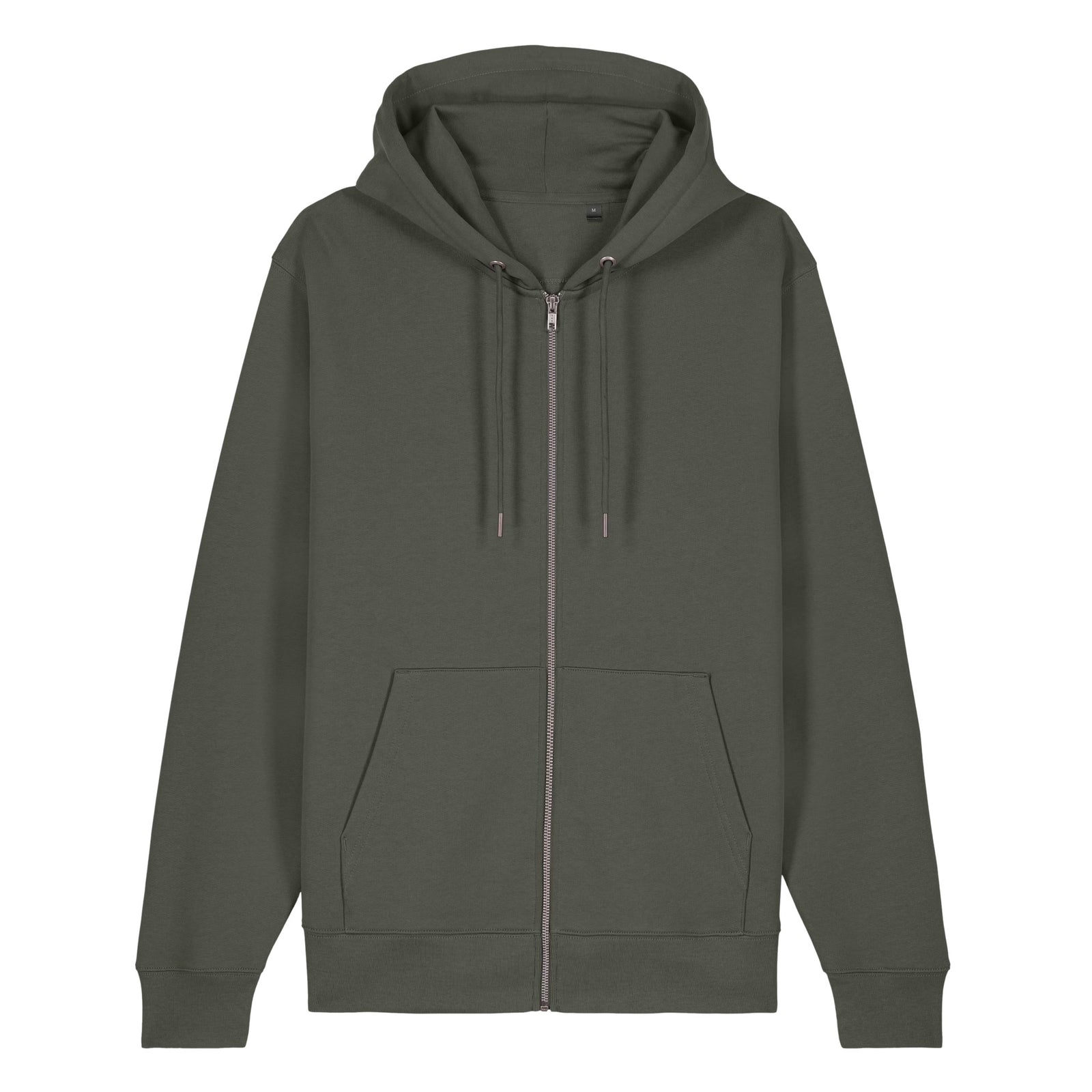 Front view of Khaki Green Virginia State Seal heavyweight zip-up hoodie showing the plain front, metal zipper, drawcords and pockets.