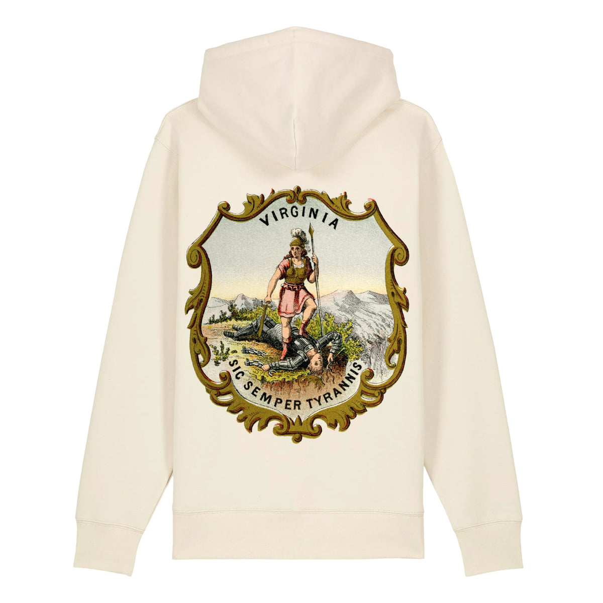Back view of Natural Raw Virginia State Seal heavyweight zip-up hoodie with vintage Virtus artwork, gold border and Sic Semper Tyrannis motto.