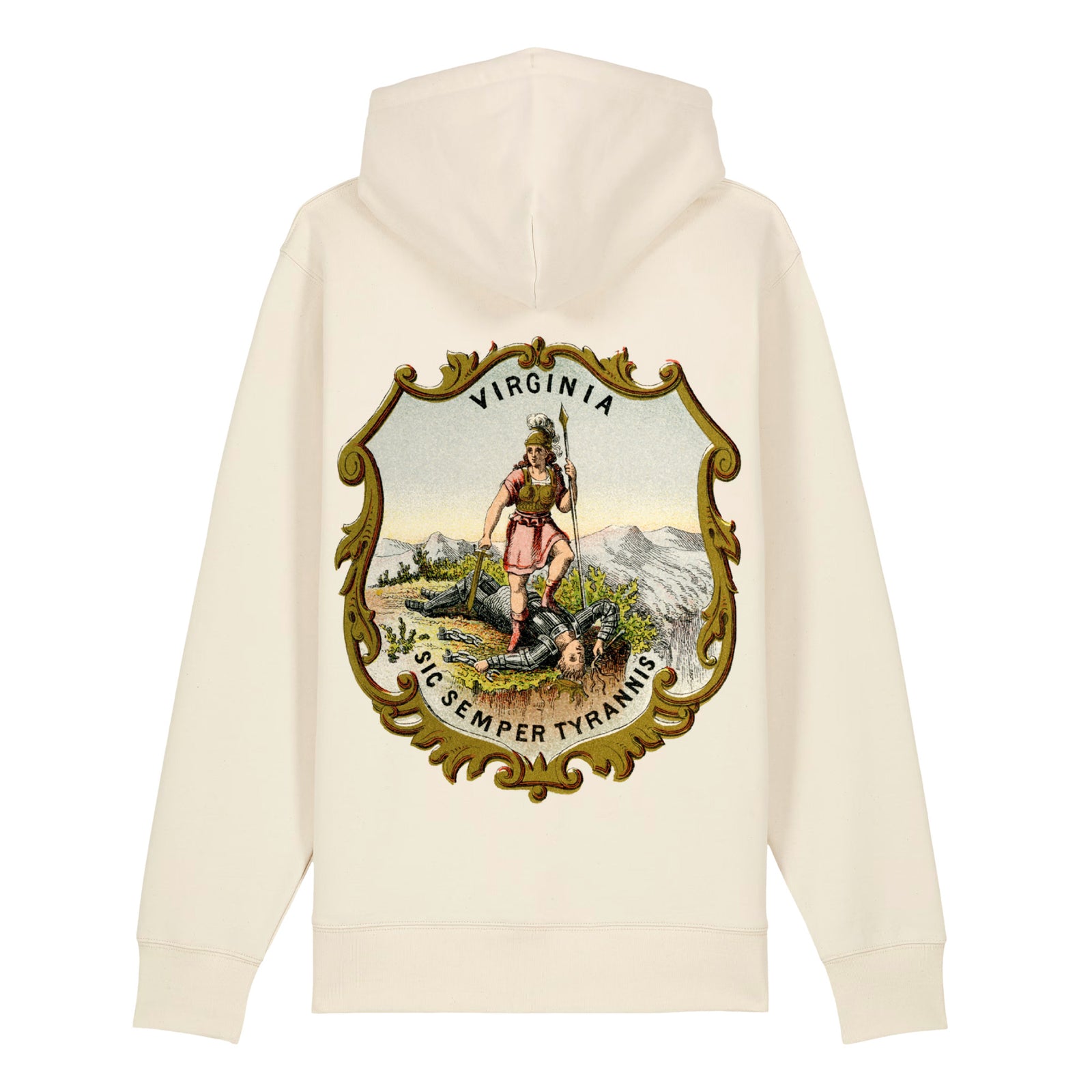 Back view of Natural Raw Virginia State Seal heavyweight zip-up hoodie with vintage Virtus artwork, gold border and Sic Semper Tyrannis motto.