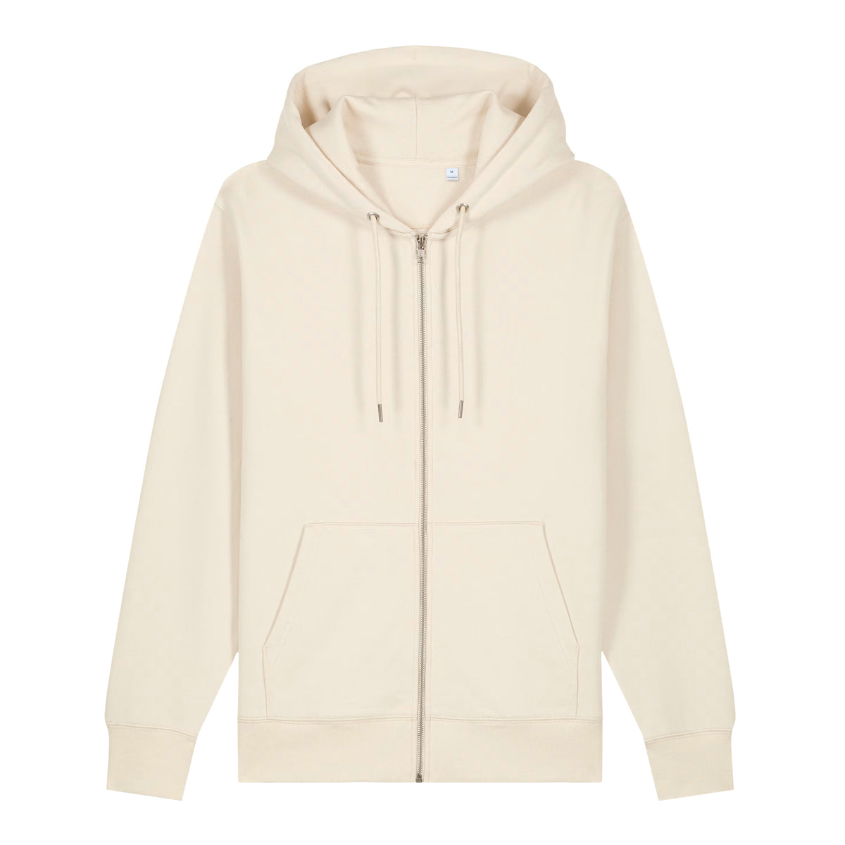 Front view of Natural Raw Virginia State Seal heavyweight zip-up hoodie showing the plain front, metal zipper, drawcords and pockets.