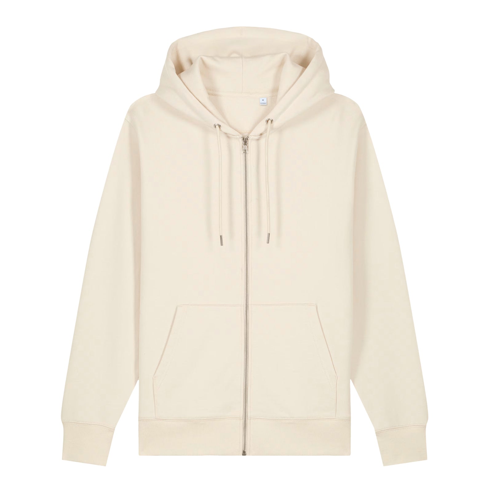 Front view of Natural Raw Virginia State Seal heavyweight zip-up hoodie showing the plain front, metal zipper, drawcords and pockets.