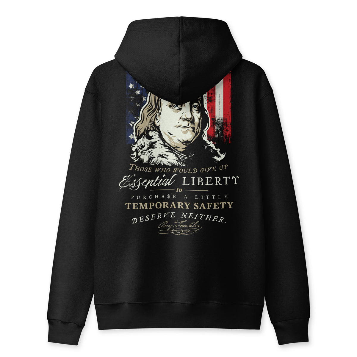 A black pullover hoodie shown from the back, featuring a graphic print of George Washington's portrait next to an American flag, with the text 'Those who would give up Essential Liberty.