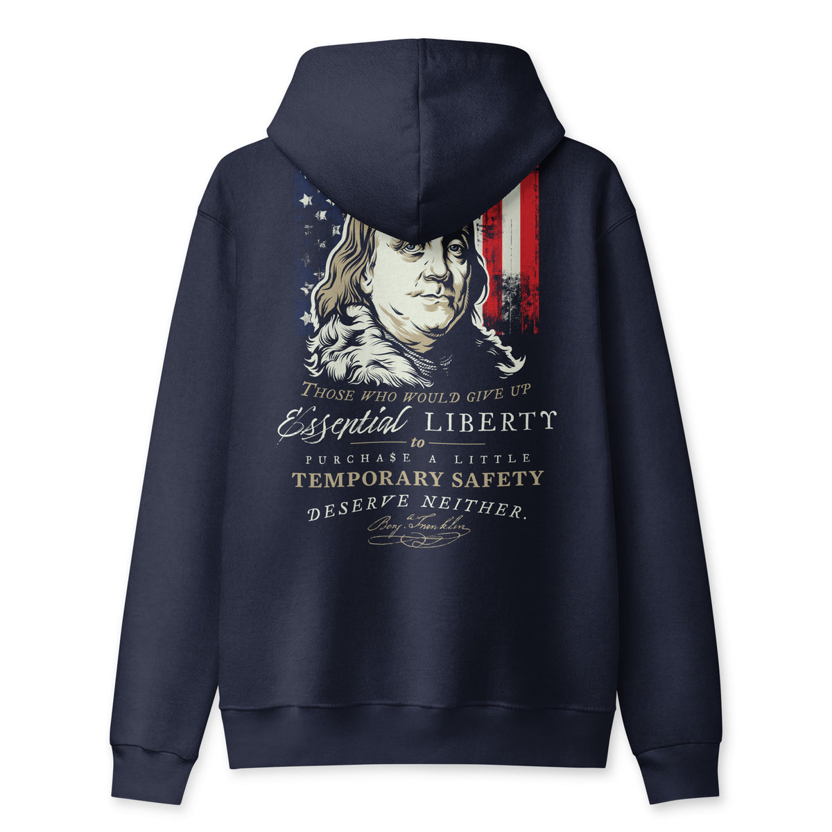A navy blue pullover hoodie shown from the back, featuring a large graphic print of Benjamin Franklin's portrait over an American flag design with white text.