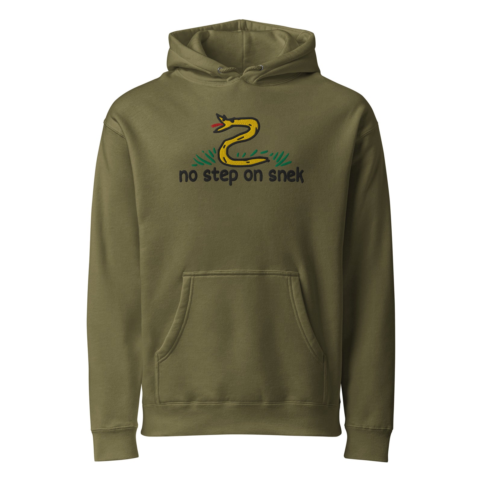 No Step on Snek embroidered hoodie in Army green, front view