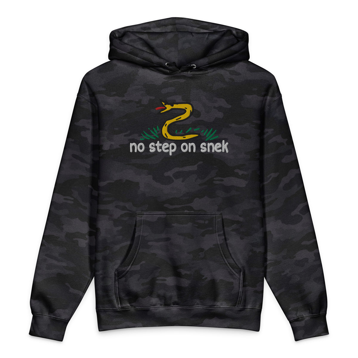 No Step on Snek embroidered hoodie in Black Camo, front view