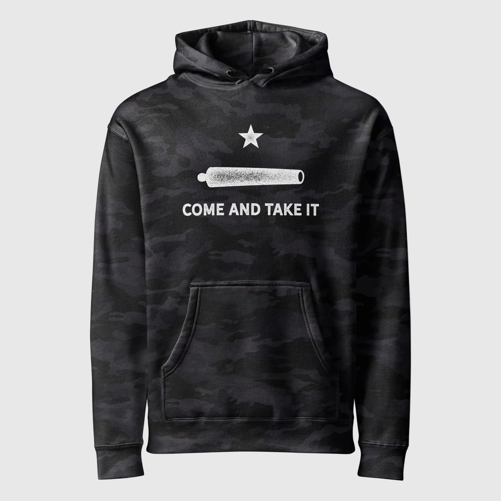 A black camouflage pullover hoodie with a white star, a rolled dollar bill graphic, and the text 'COME AND TAKE IT' printed on the chest, shown against a plain white background.