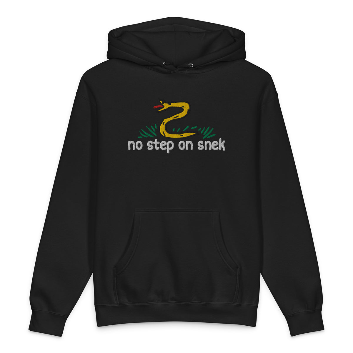 No Step on Snek embroidered hoodie in solid black, front view