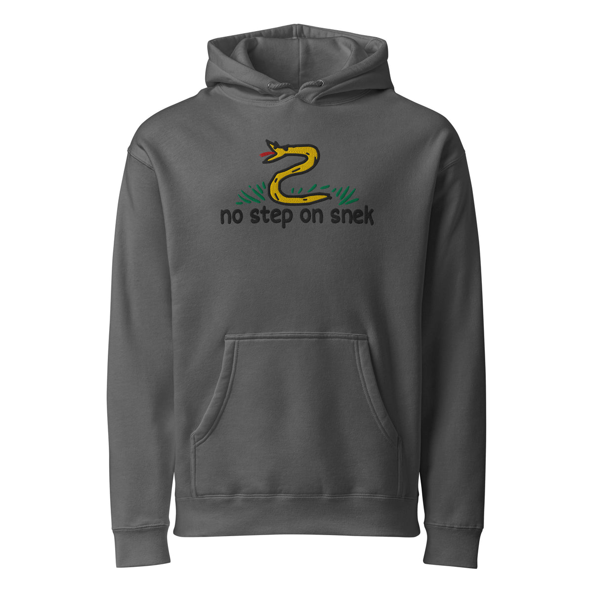 No Step on Snek embroidered hoodie in solid charcoal, front view