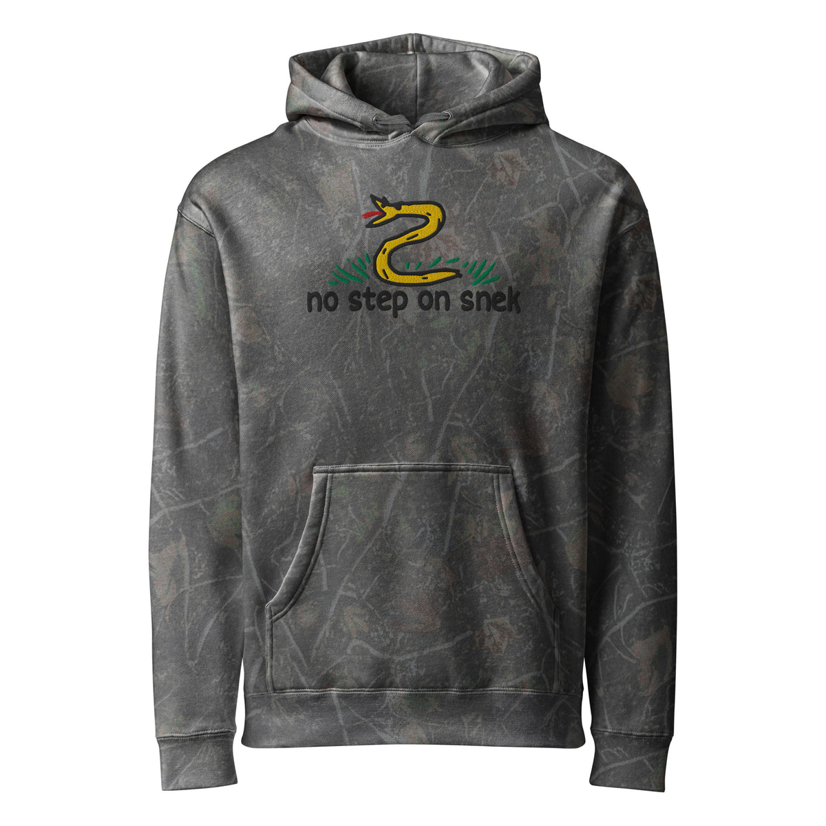 No Step on Snek embroidered hoodie in Darkwood Tree Camo, front view