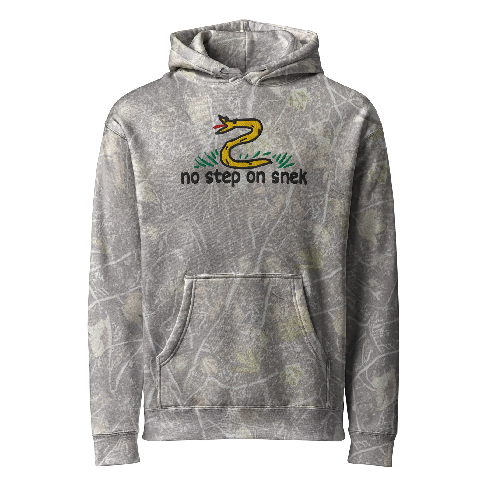 No Step on Snek embroidered hoodie in Deadwood Tree Camo, front view