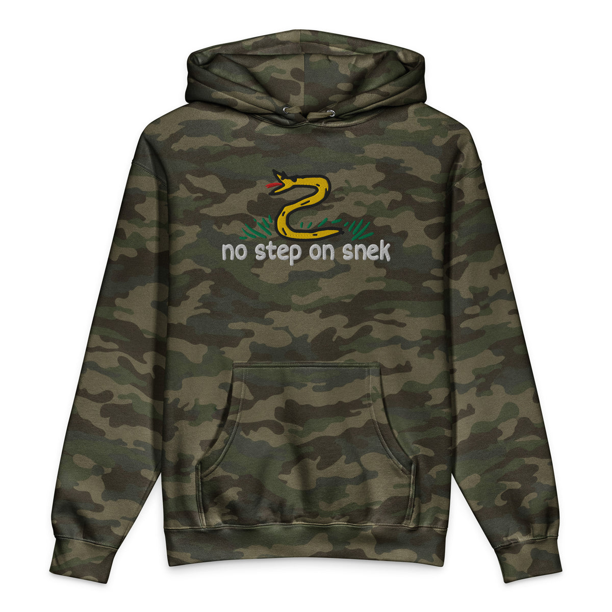No Step on Snek embroidered hoodie in Forest Camo, front view
