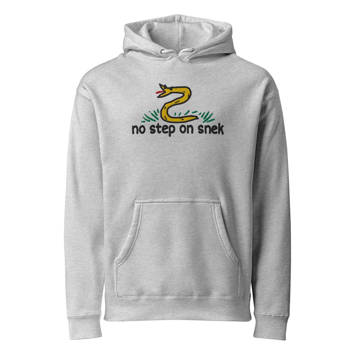No Step on Snek embroidered hoodie in Grey Heather, front view