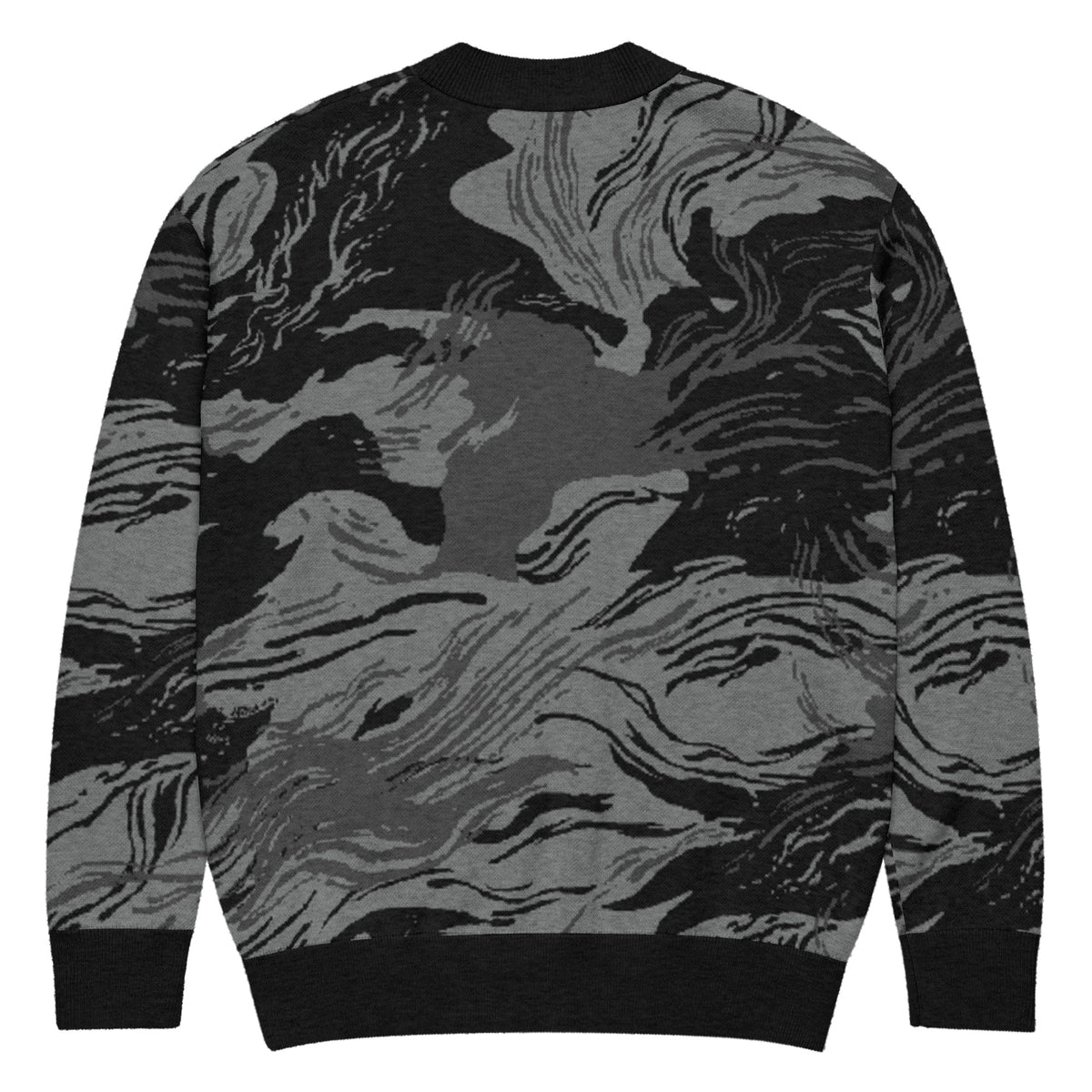 Back flay lying view of a Rhodesian Brushstroke Grey Knitted Cardigan by Liberty Maniacs