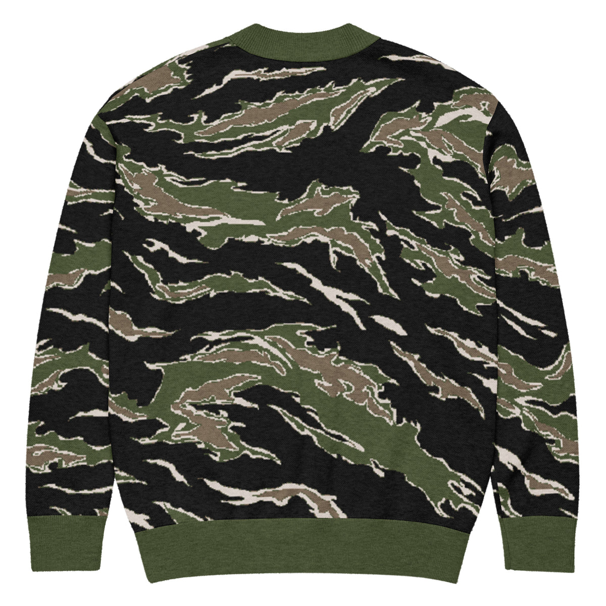 A cardigan sweater featuring a tiger stripe camouflage pattern in black, olive green, and tan, with solid olive green ribbed collar, cuffs, and hem.