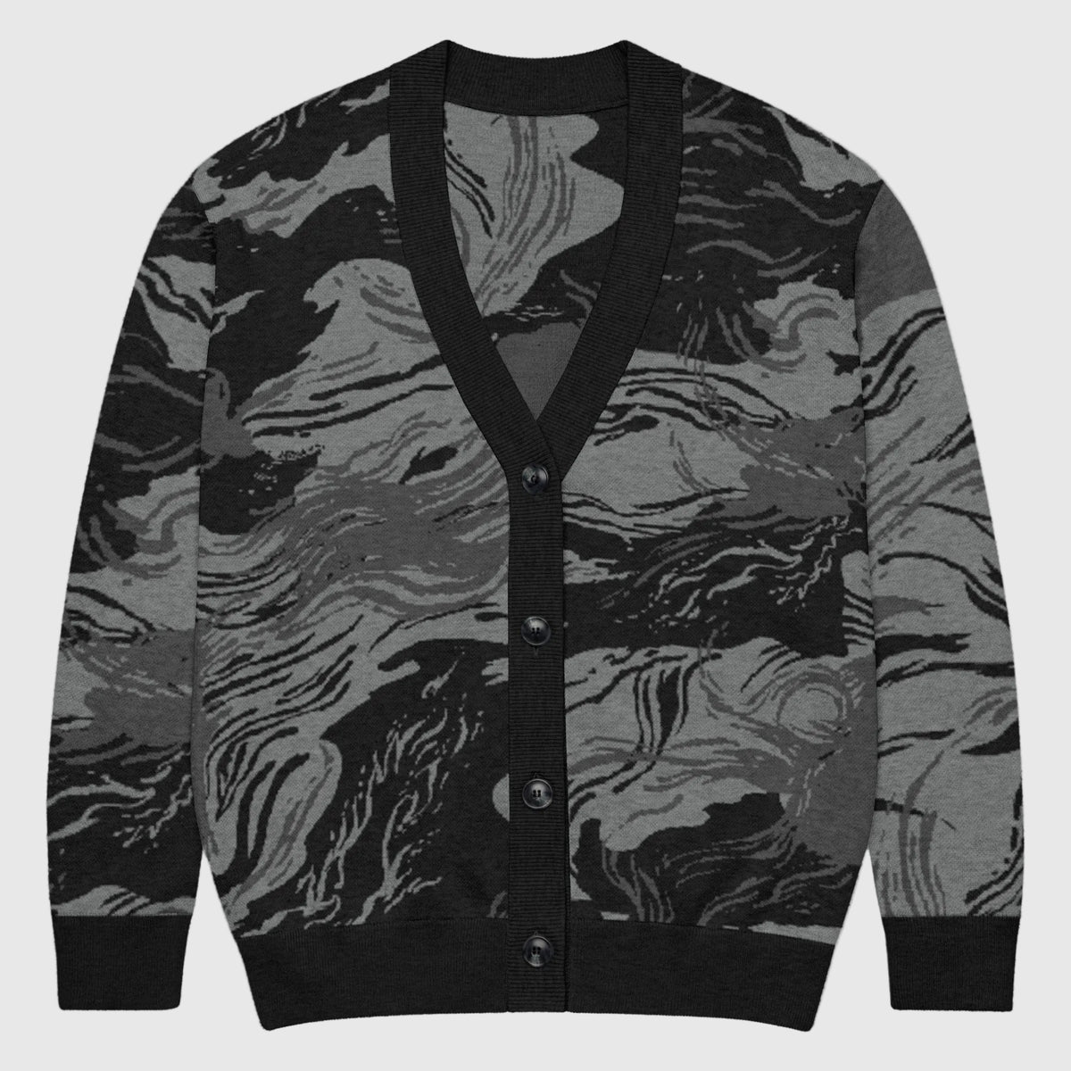 Flat lying Rhodesian Brushstroke Grey Knitted Cardigan by Liberty Maniacs