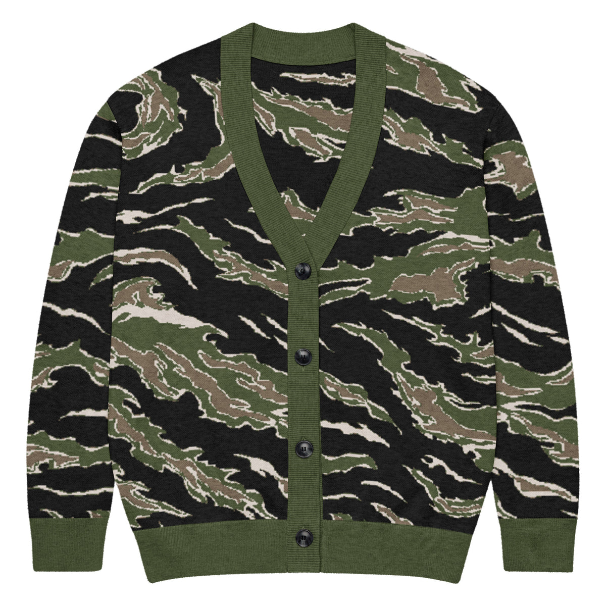 A long-sleeve knit cardigan with a tiger stripe camouflage pattern in olive green, black, and tan, featuring solid olive green ribbed trim and a button-up front.
