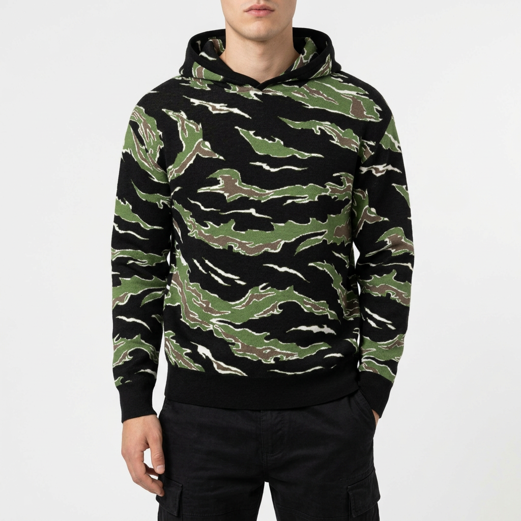 Front view of Tiger Stripe Camo Sweater Hoodie in 2XL, with all-over knitted camouflage