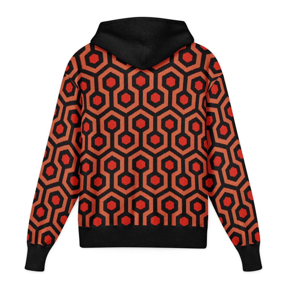 Overlook Knit Hoodie, back view in size L showing hood and geometric design