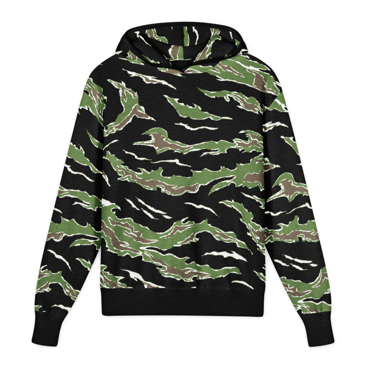 Tiger Stripe Camo Sweater Hoodie, front view showing tiger stripe pattern and knitted hood