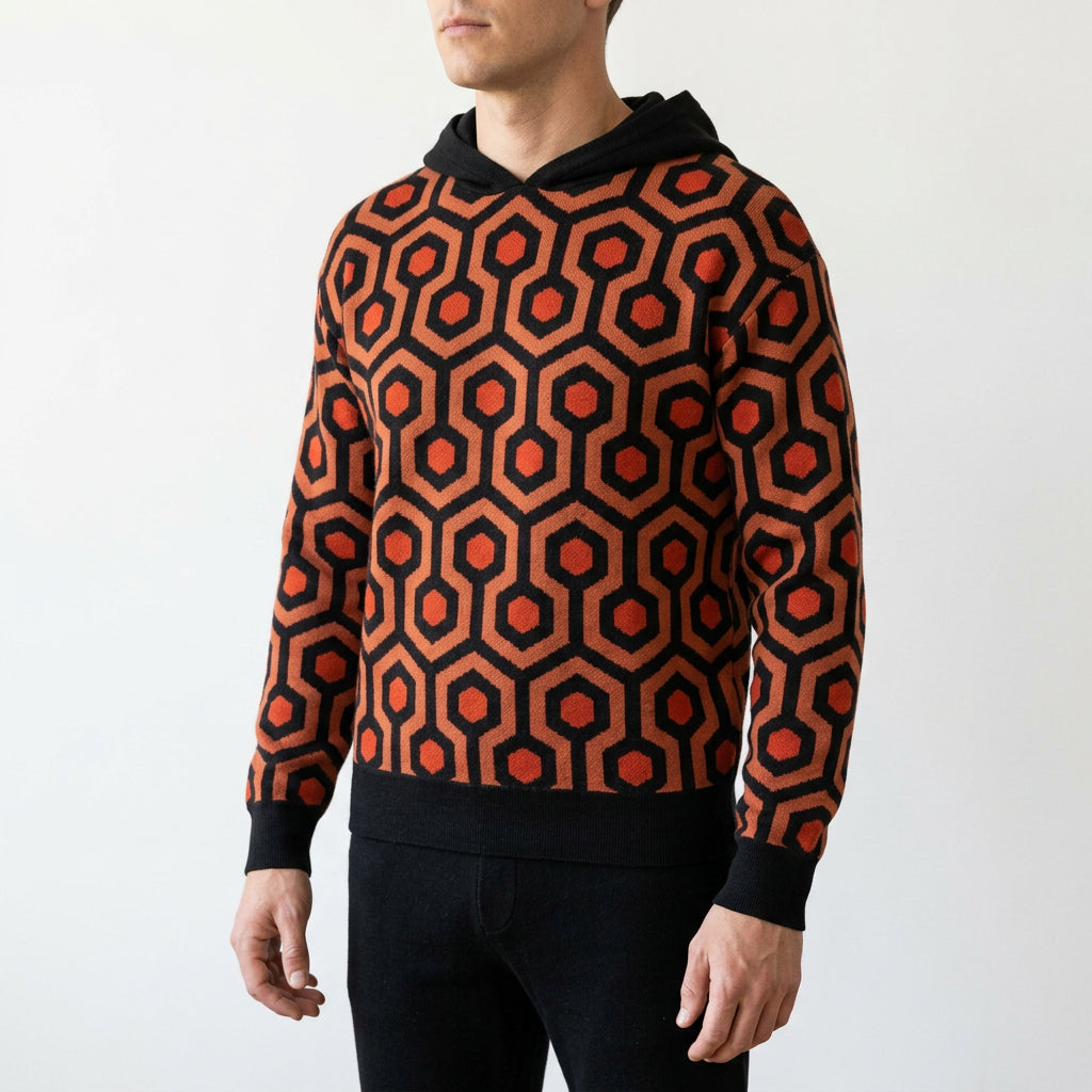 Overlook Knit Hoodie, front view in size L with patterned knit body and hood