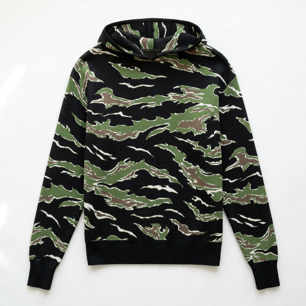Front view of Tiger Stripe Camo Sweater Hoodie in medium size, with olive tiger stripe jacquard pattern