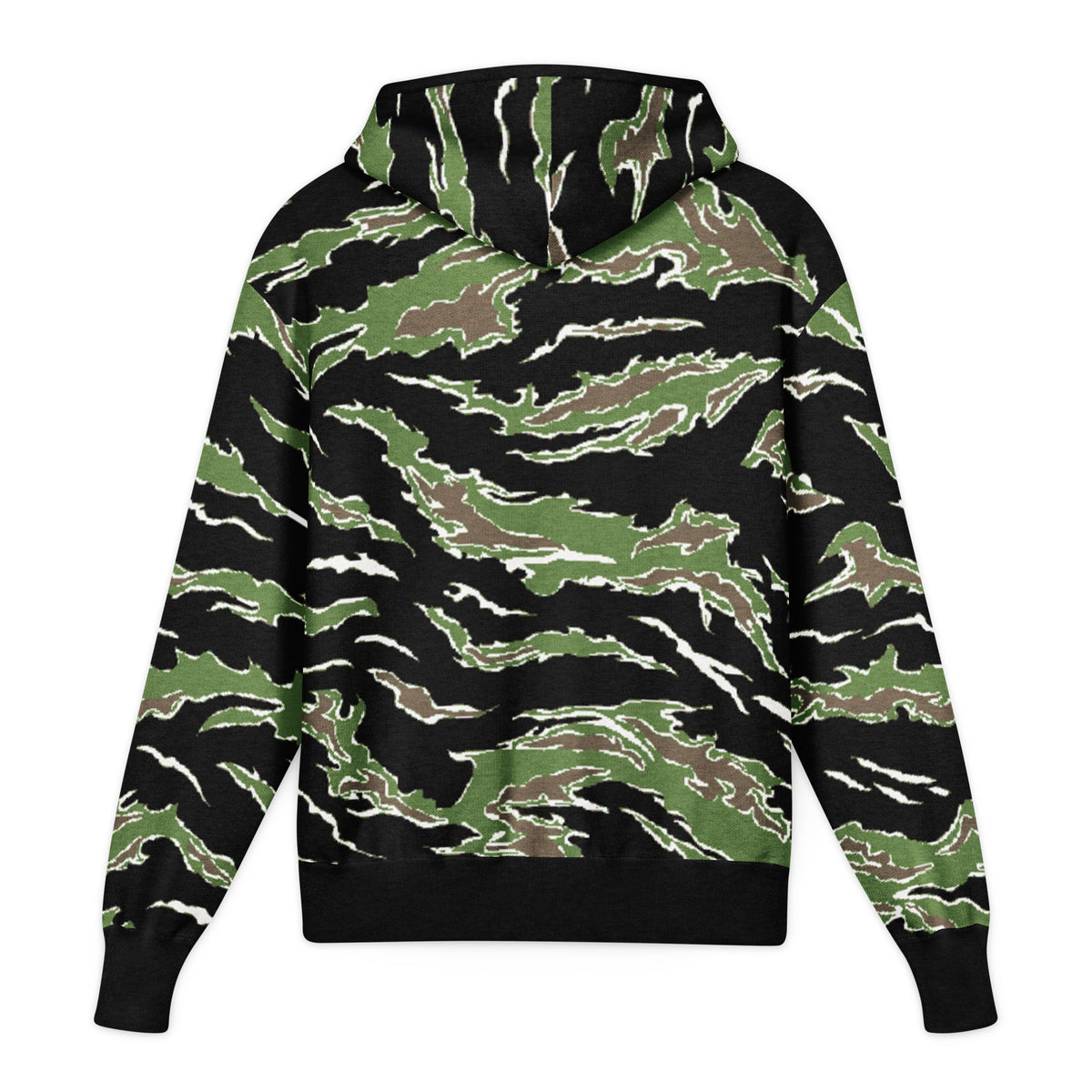 Back product view of Tiger Stripe Camo Sweater Hoodie with camouflage across the body and sleeves
