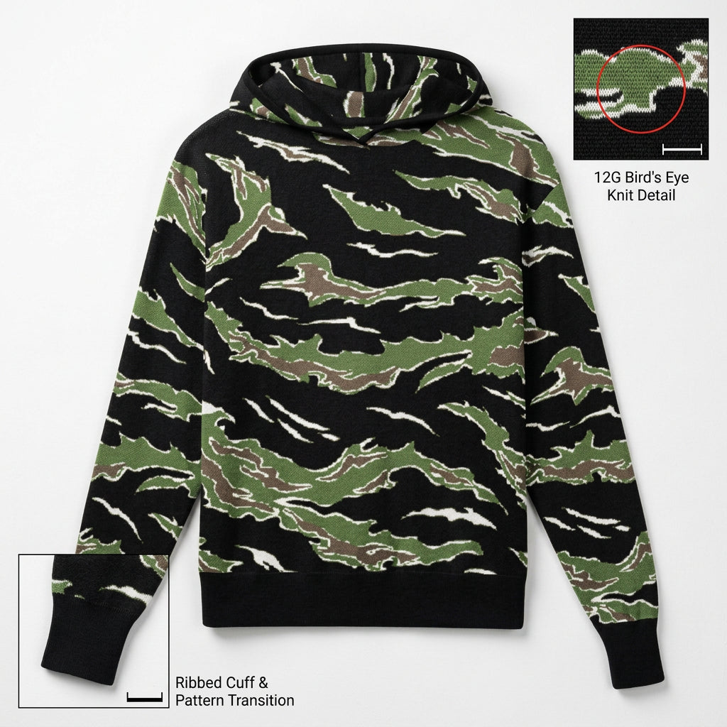 Front product view of Tiger Stripe Camo Sweater Hoodie in small size, with knitted hood and ribbed hem