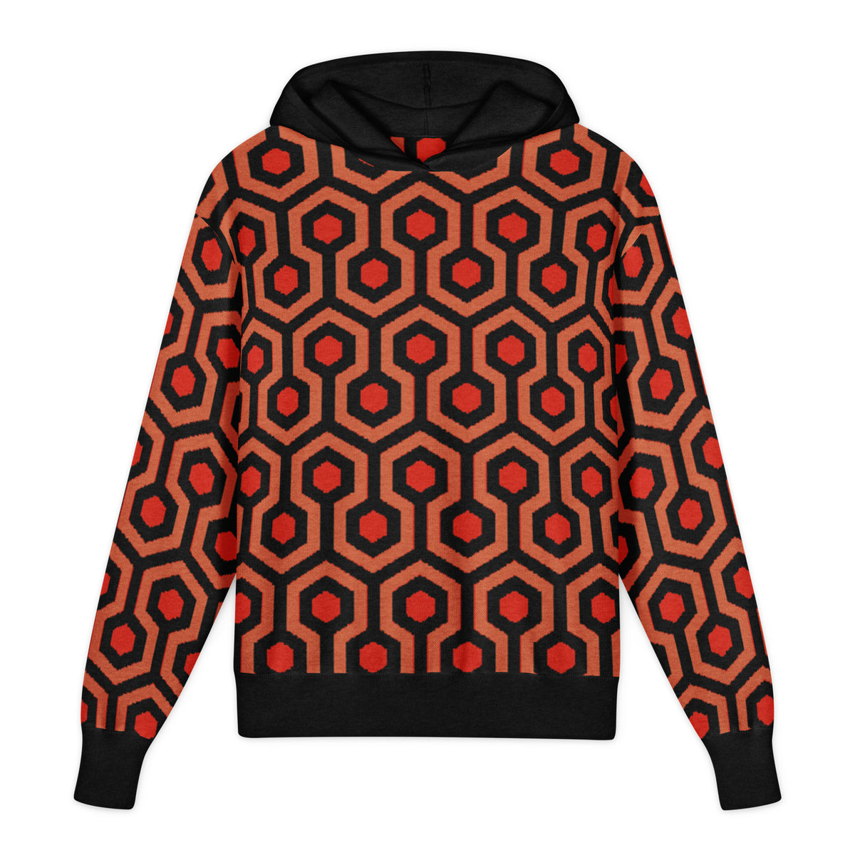 Overlook Knit Hoodie with orange, brown and red geometric carpet-inspired jacquard pattern, front view