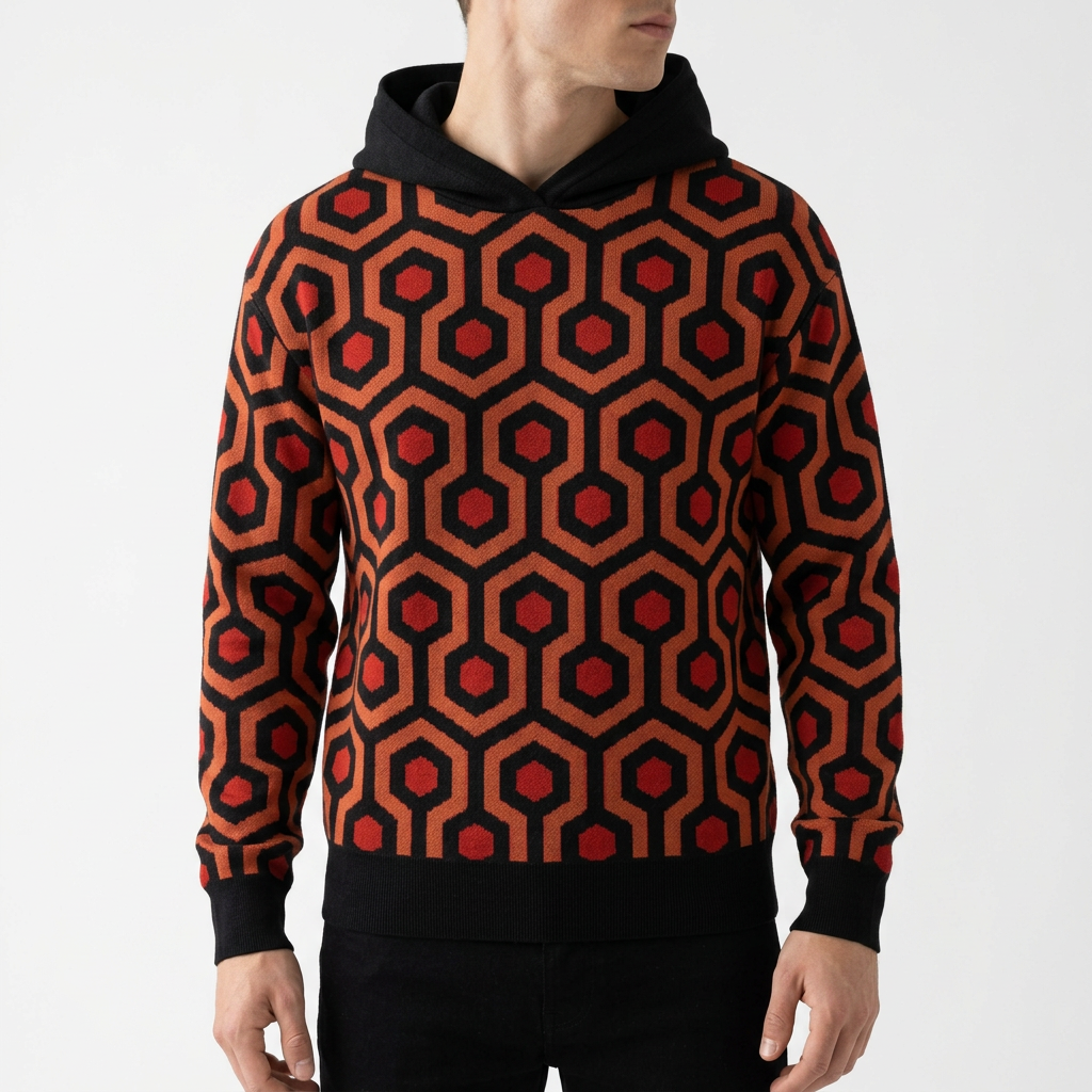 Overlook Knit Hoodie, front view in size XL featuring the Overlook carpet-inspired pattern