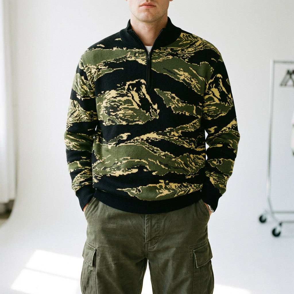 Tiger Stripe Camo Knitted Quarter Zip Sweater