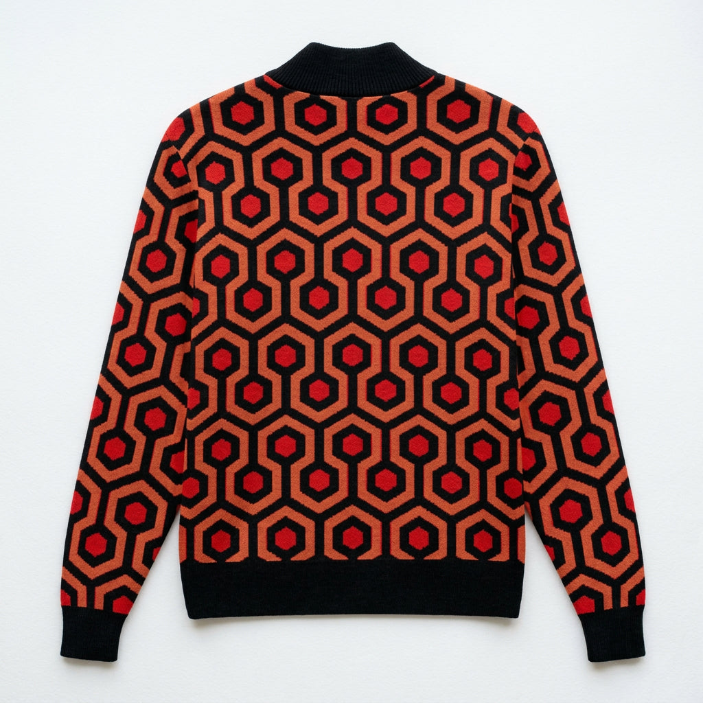 Back product view of the size M Overlook quarter-zip sweater, showing the repeating geometric jacquard design.
