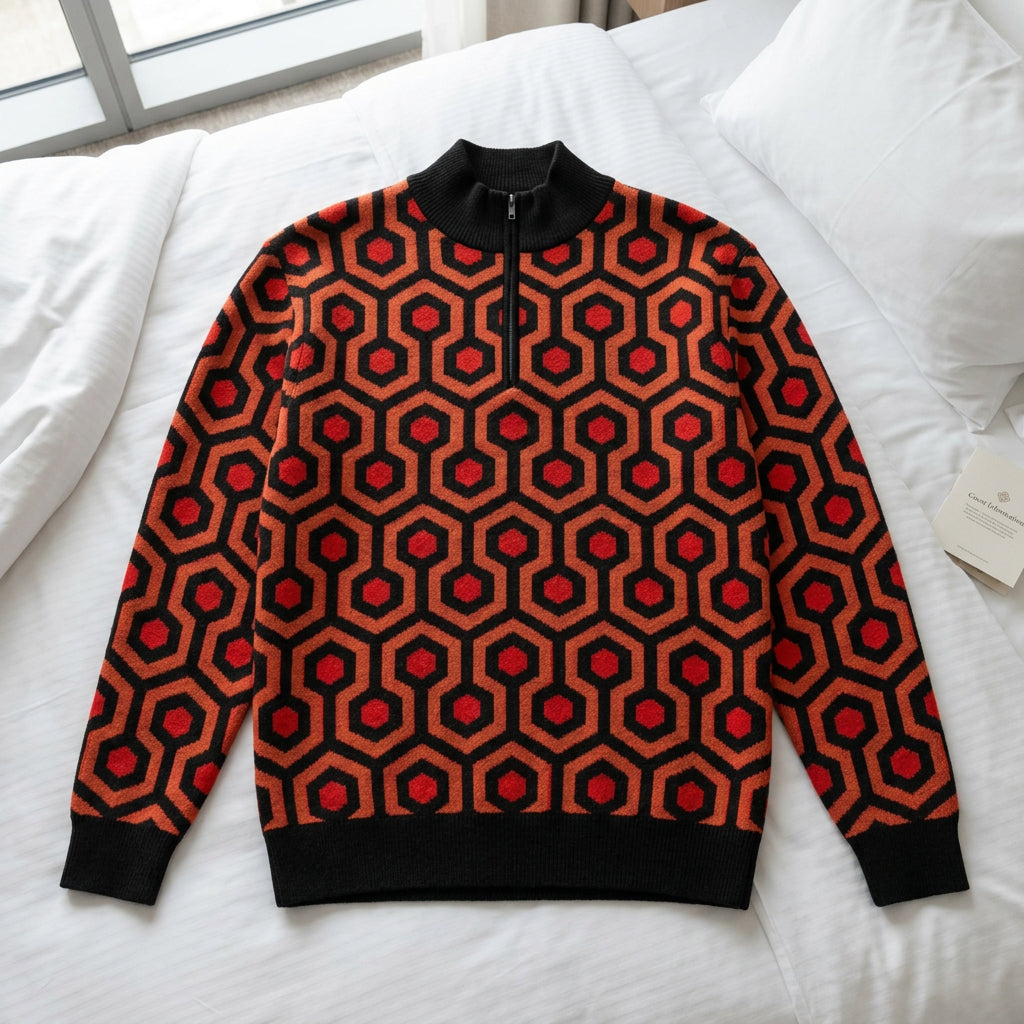 Front product view of the Overlook Knit Quarter Zip in size M, with a black stand collar and ribbed cuffs and hem.