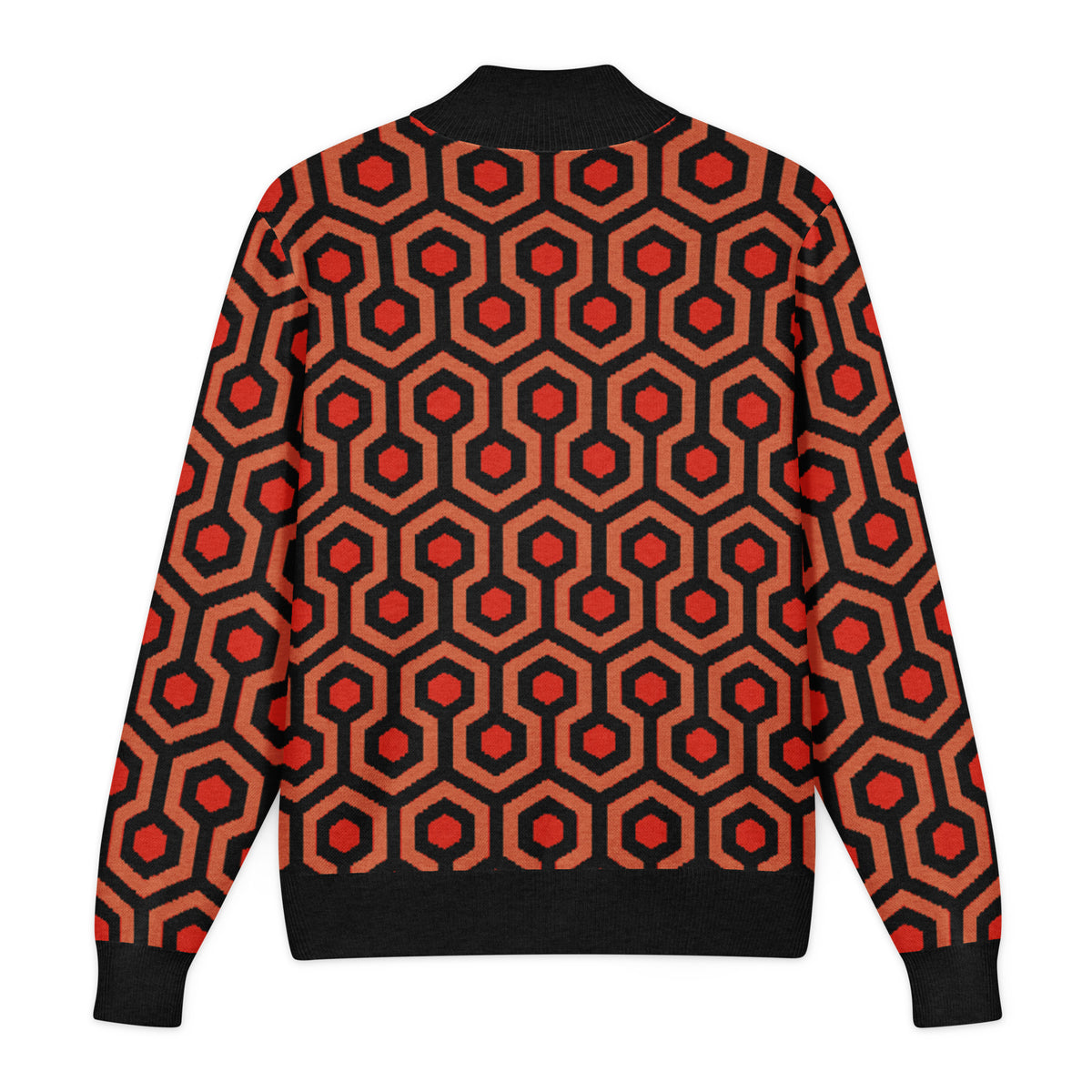 Back view of the Overlook knit sweater with the allover orange, red, and black Shining carpet pattern.