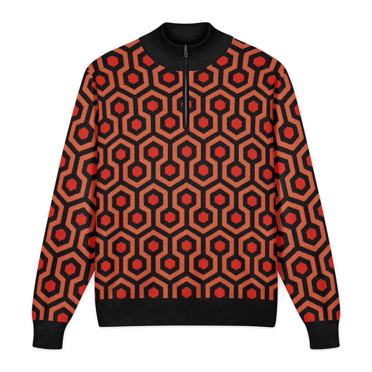 Front view of the Overlook quarter-zip knit sweater, showing the geometric carpet pattern and black ribbed trim.