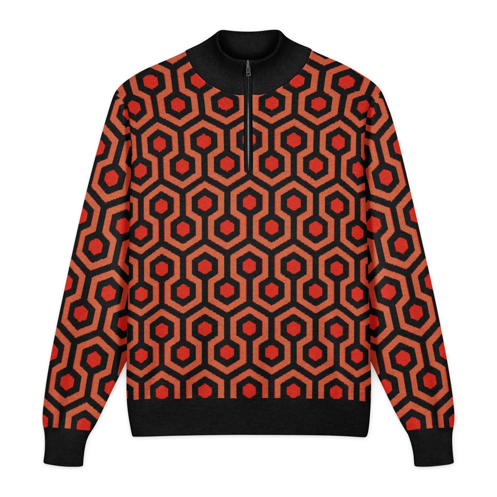 Man modeling the Overlook Knit Quarter Zip sweater with the orange, red, and black carpet pattern from The Shining.