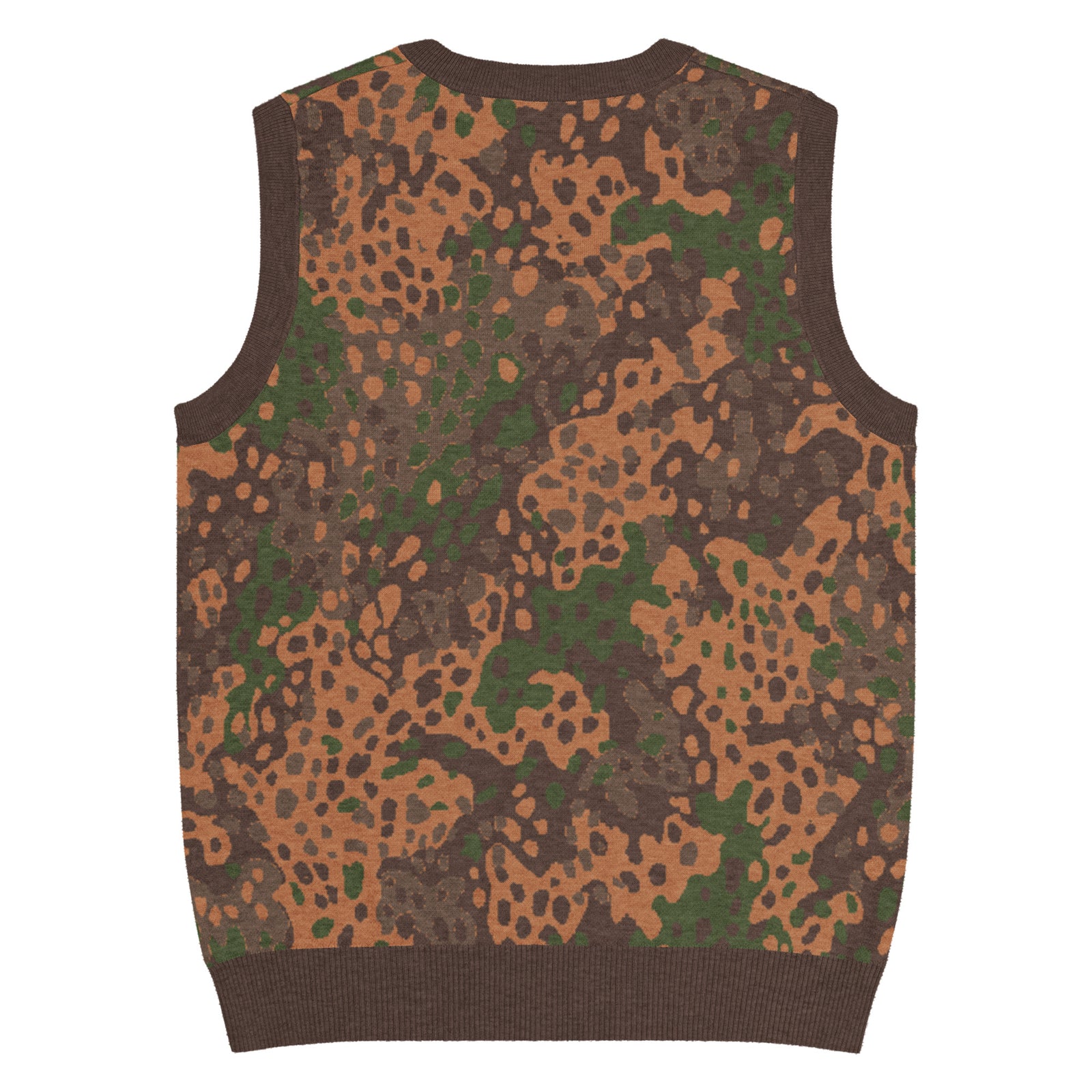 Erbsenmuster pea-pattern camo knit V-neck vest in green, brown, and tan, back view, size 2XL, showing all-over camouflage