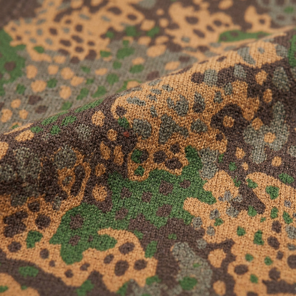 Erbsenmuster pea-pattern camo knit V-neck vest in green, brown, and tan, back view, size 3XL, showing all-over camouflage
