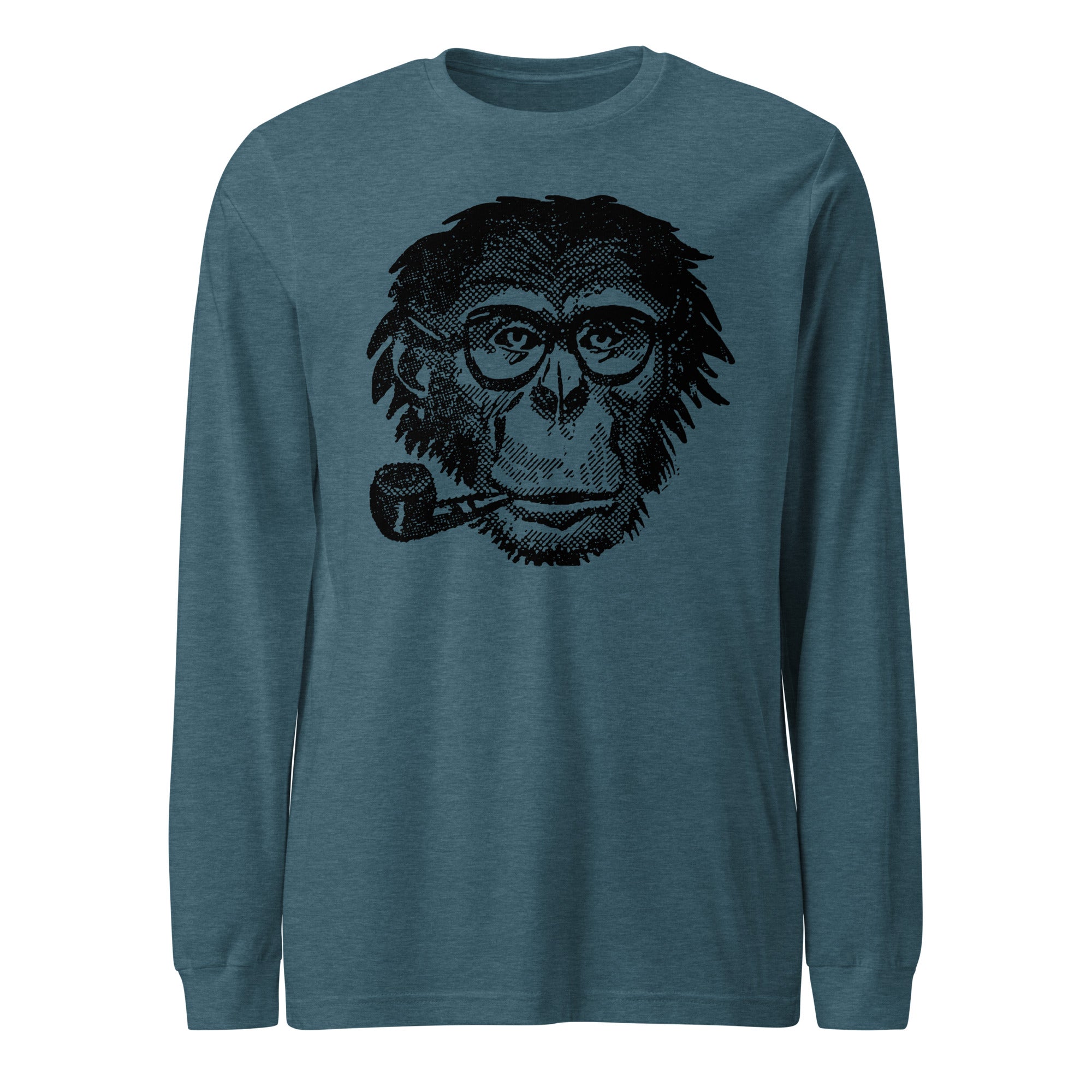 Blue long-sleeve shirt with a graphic of a monkey wearing glasses and smoking a pipe on a white background.