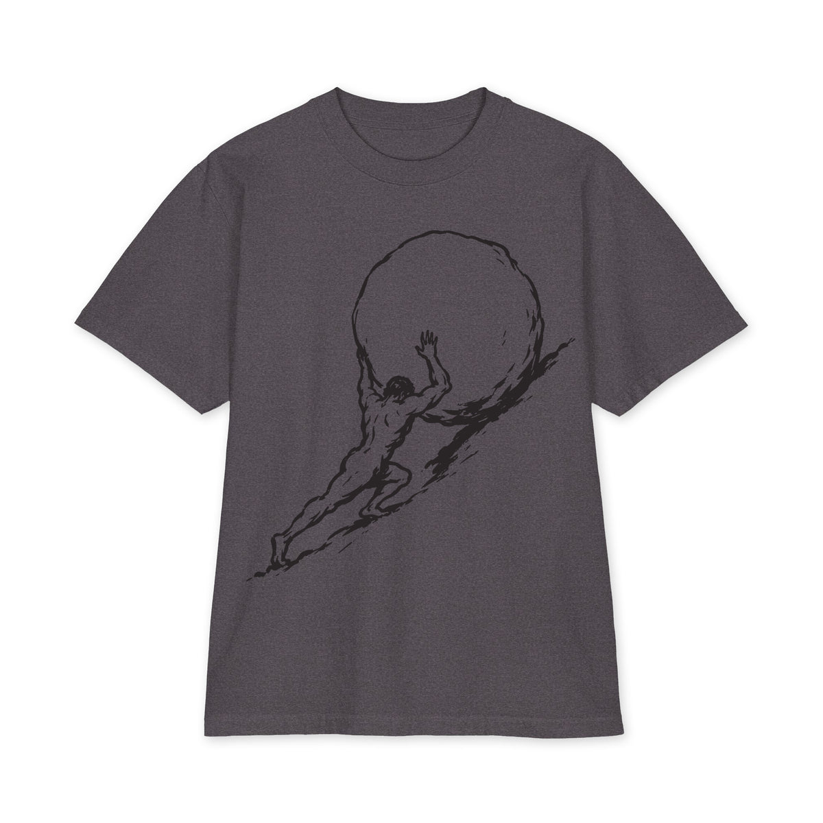 Sisyphus pushing a boulder graphic on charcoal grey oversized heavyweight USA T-shirt, front view