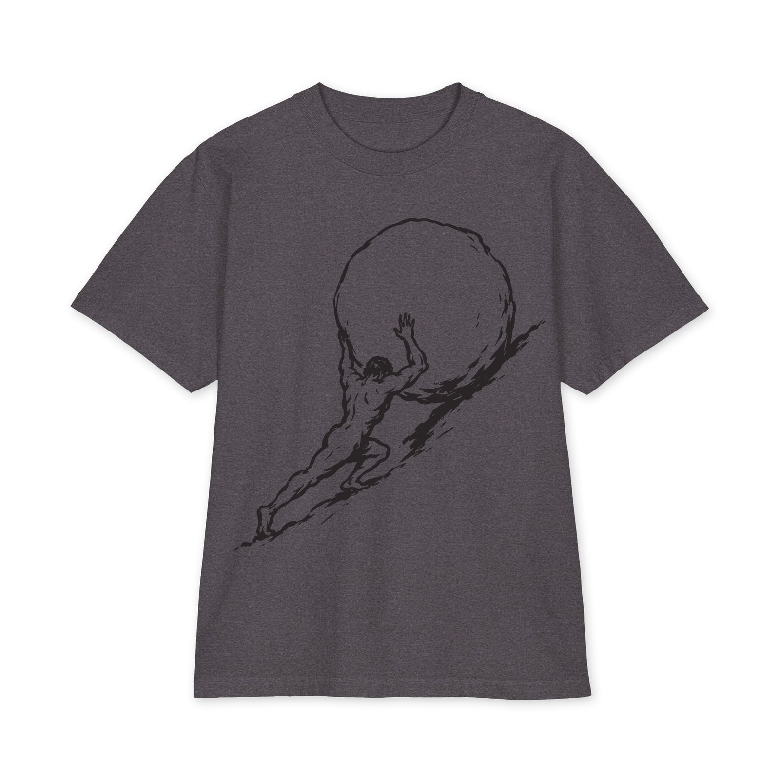Sisyphus pushing a boulder graphic on charcoal grey oversized heavyweight USA T-shirt, front view