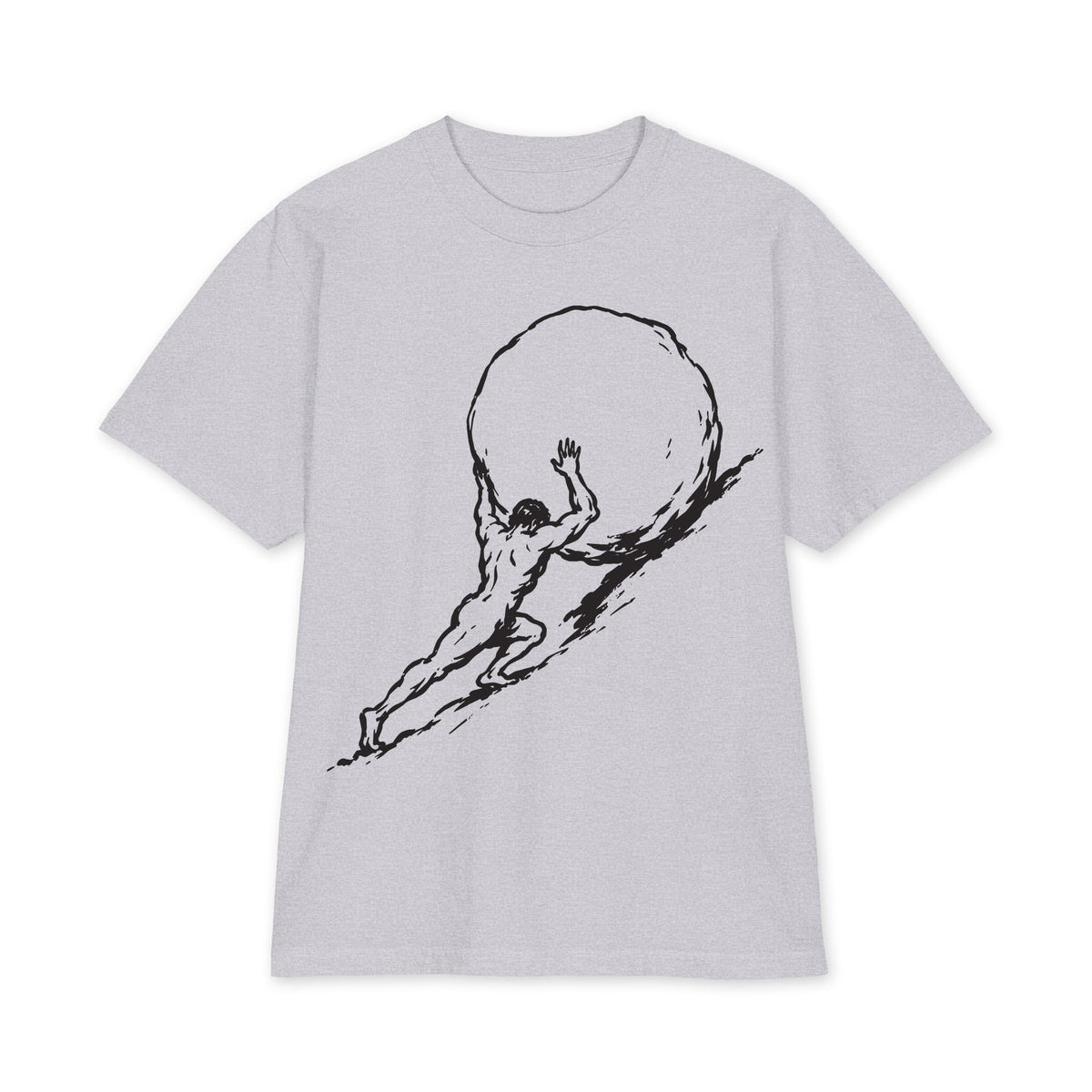 Sisyphus pushing a boulder graphic on heather grey oversized heavyweight USA T-shirt, front view