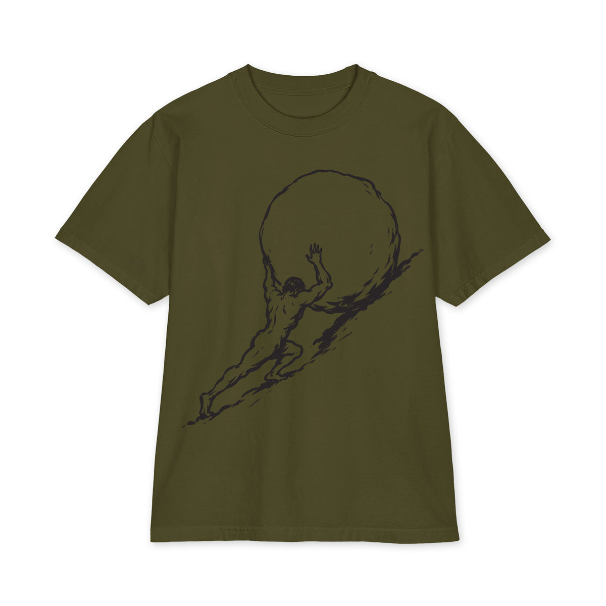 Sisyphus pushing a boulder graphic on olive oversized heavyweight USA T-shirt, front view