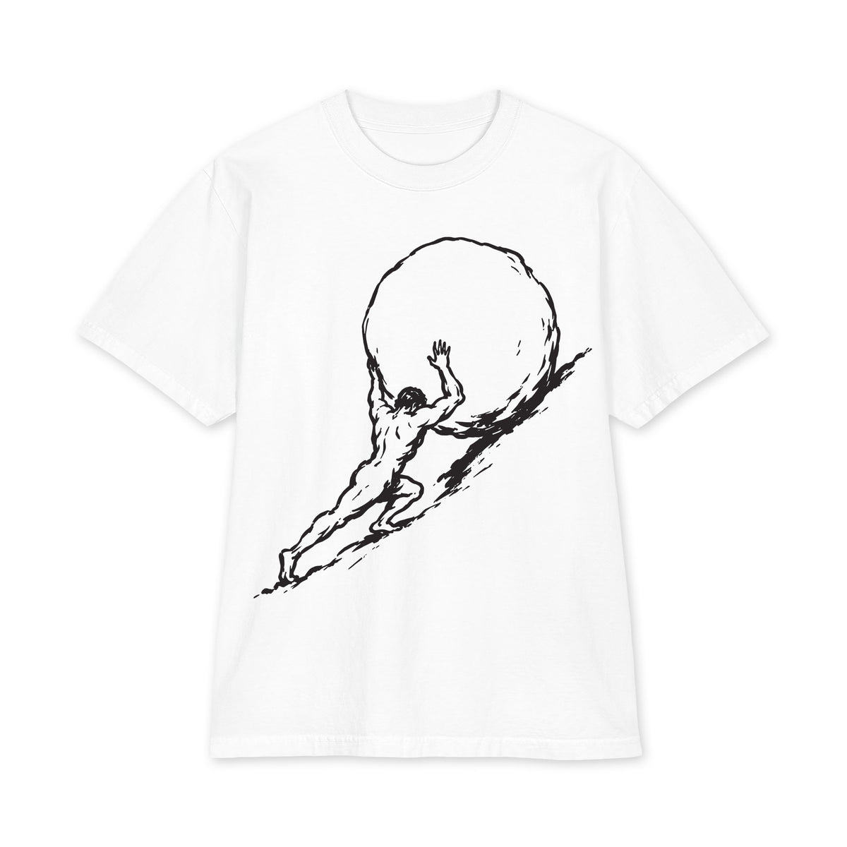 Sisyphus pushing a boulder graphic on white oversized heavyweight USA T-shirt, front view