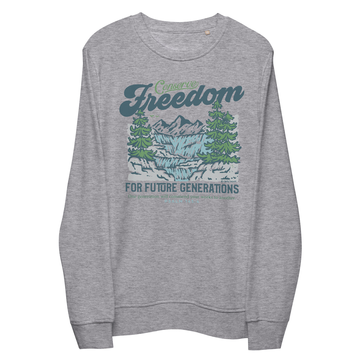 A gray organic crewneck sweatshirt with a graphic print that includes text and a mountain landscape.