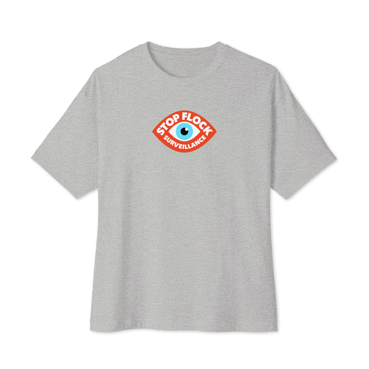 Stop Flock anti-surveillance eye graphic on athletic heather oversized boxy T-shirt, front view